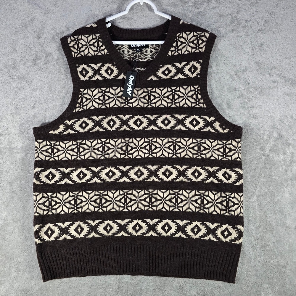Only NY Sweater Vest Fair Isle Knit‎ Sleeveless Brown XL